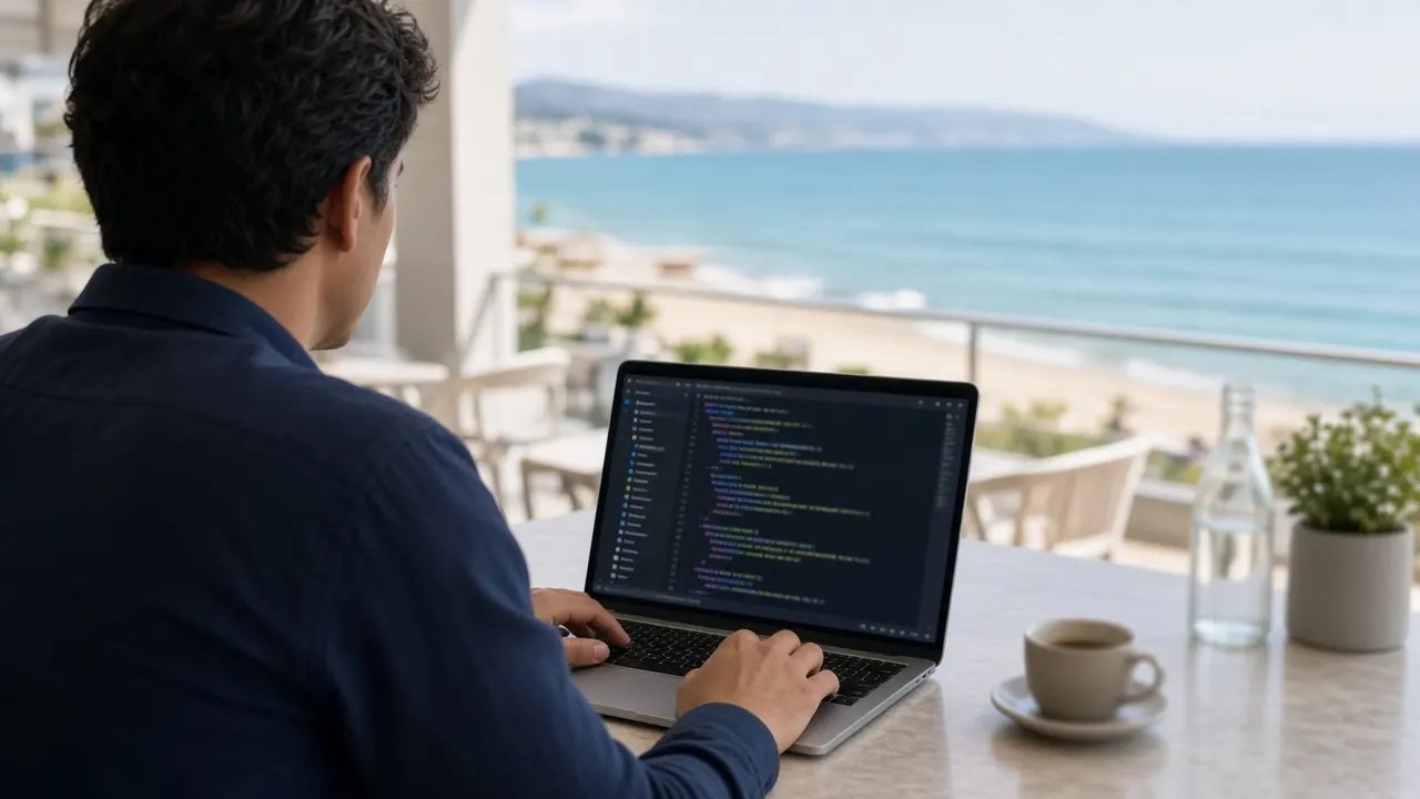 Professional working on a laptop at a seaside terrace