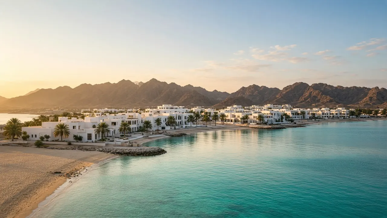 Whitewashed coastal town between rugged mountains and a turquoise bay at golden hour
