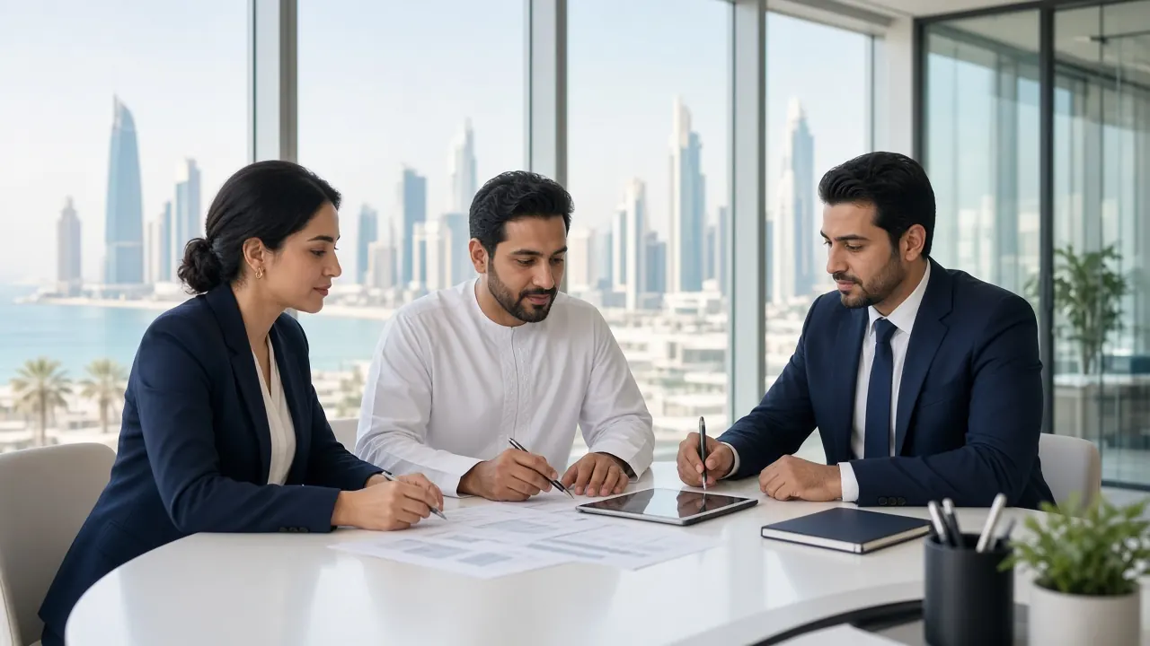 Advisers reviewing company documents with a client in a bright glass meeting room
